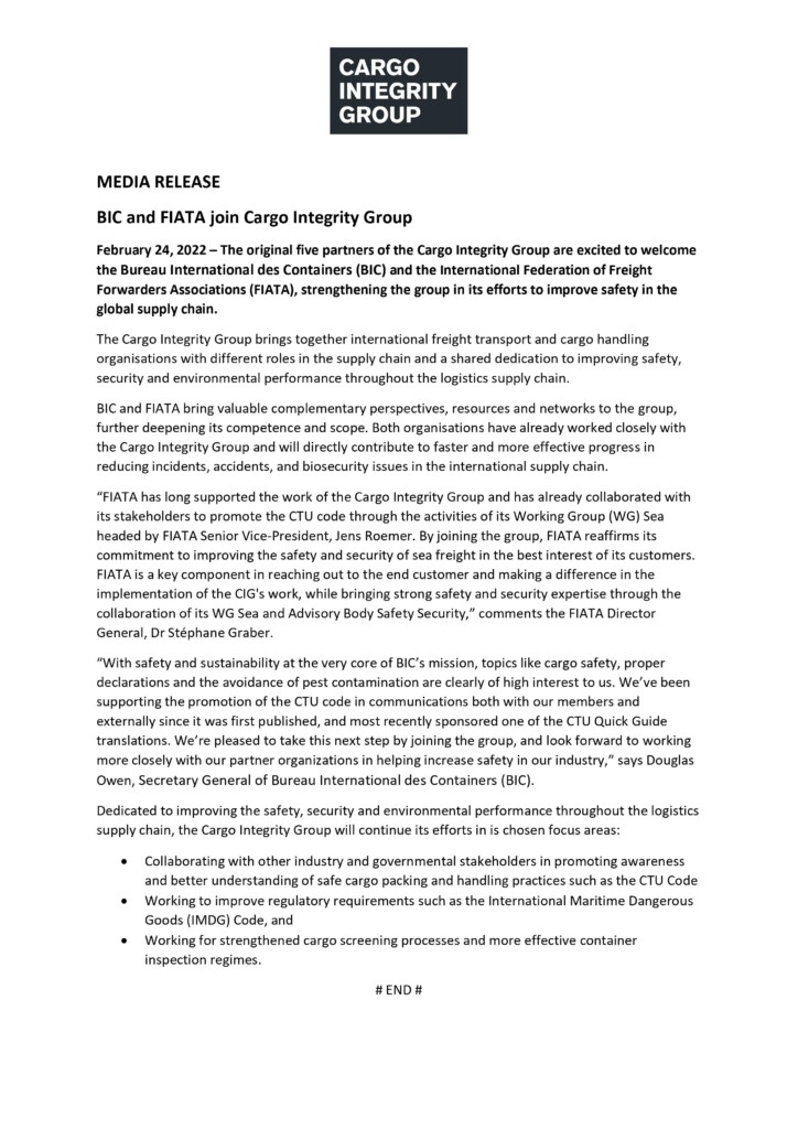 BIC and FIATA join Cargo Integrity Group - ICHCA International